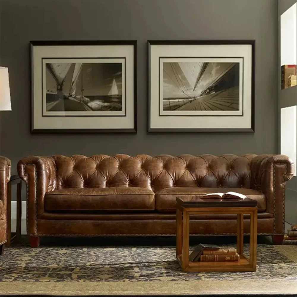 Chesterfield Sofa | Top Graded Genuine Leather Sectional Living Room Sofa American Style Oil Wax Leather 3-Seater Couch