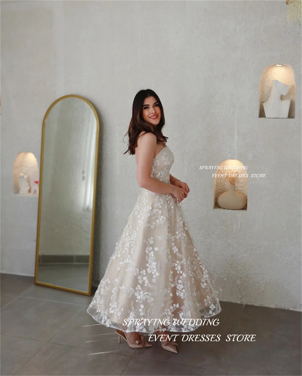SPRAYING A-Line Detachable Shawl Vestidos de fiesta elegant para mujer Lace Flower Long One line collar Party Dress Customized