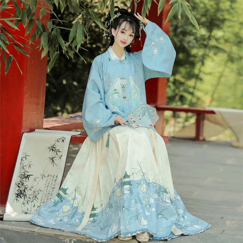 JY19 Hanfu Women 2024 New Original Bamboo Heart Pavilion Autumn And Winter Horse Skirt Set Improved Ancient Clothing