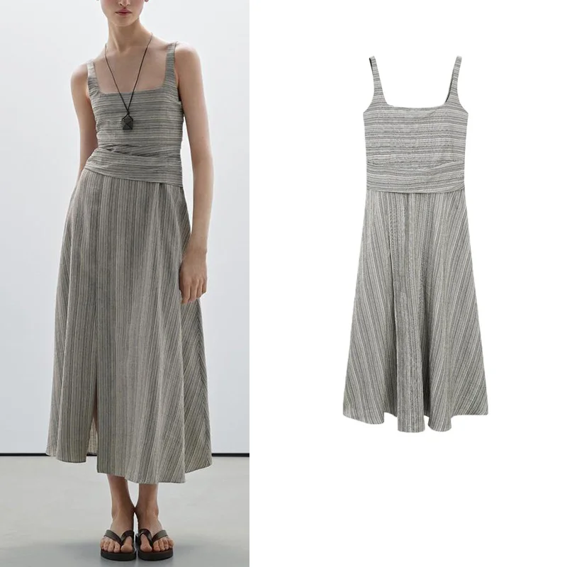 Estate New Chic Casual Sle Vest Dr Colletto quadrato Lunghezza midi Strisce sottili Donna Faion Vita alta Gonna a trapezio Dr