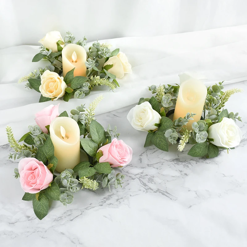 22cm Artificial Flower Wreath Candlestick Rose Garland Candle Holder Centerpiece Wedding Birthday Xmas Party Home Table Decor