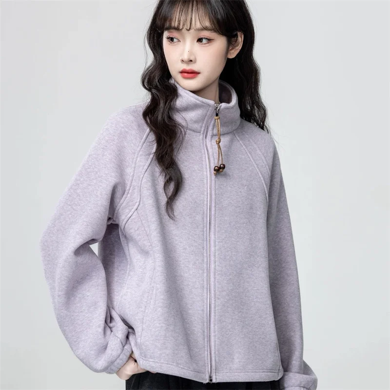 Korean Ladies High Neck Patchwork Sports Shirt Jacket Female Zipper Sweatshirt Coat Winter Women Long Sleeved Hoodies Top Jacket