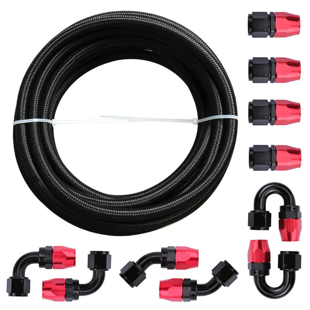 16FT 6AN Fuel Line Kit Nylon Braided Hose CPE Black Red Fitting System for Automotive Performance Racing