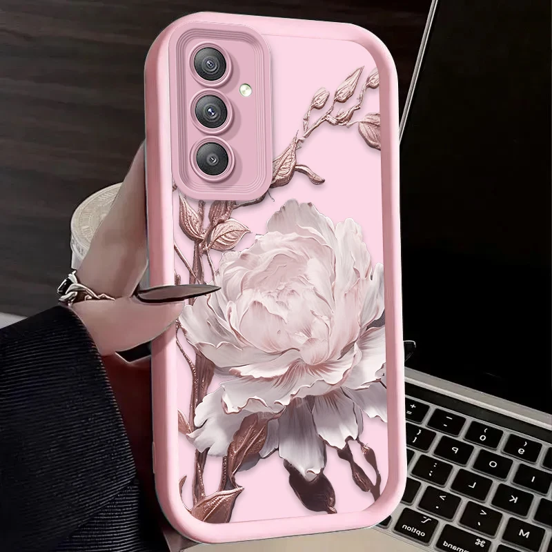 Fashion Metal Lotus Phone Case for Samsung Galaxy A35 A55 A15 A25 A16 A06 A05 A05S A24 A13 A23 A12 A22 A32 A52 A71 A51 4G Cover