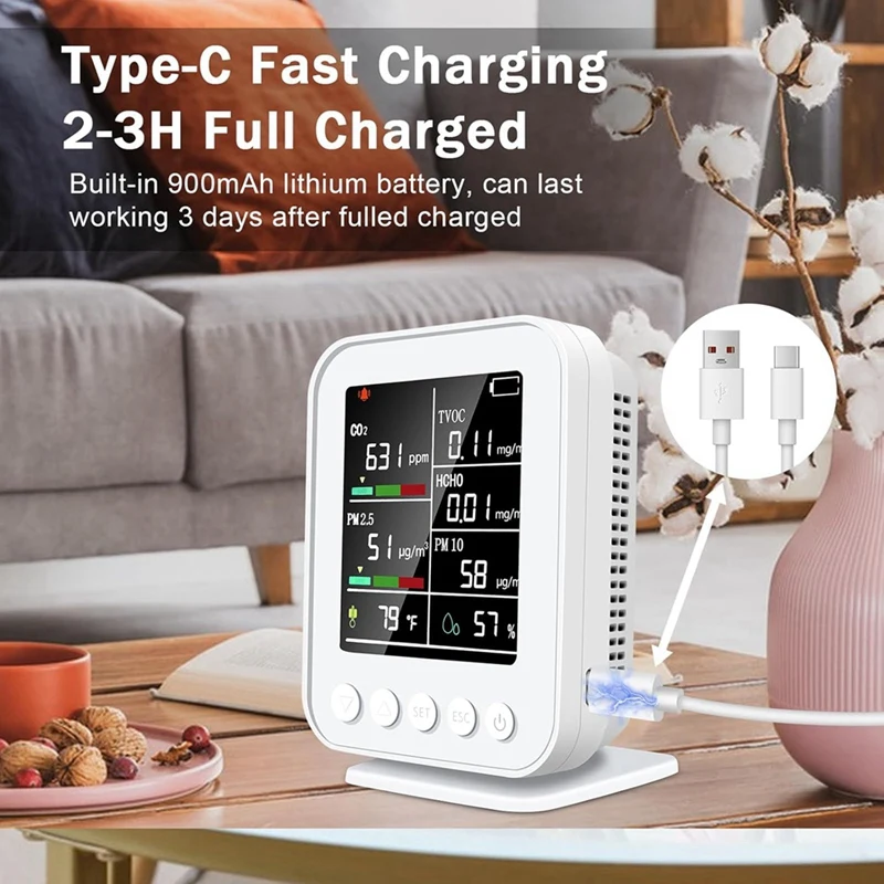 Hot Ltem Smart 7 In 1 Air Quality Monitor With PM2.5, CO2 Detector With Alarm, Temperature & Humidity Sensors, LED Display