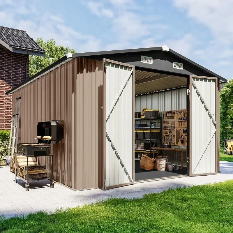 

10x12 FT Outdoor Storage Shed with Floor & Lockable Double Doors, Heavy-Duty Galvanized Steel Outdoor Metal Shed for Bike