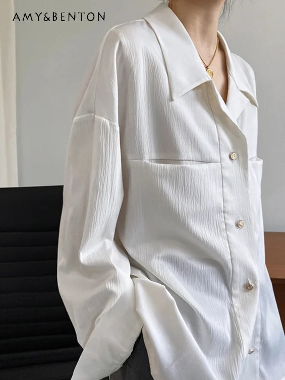 

Acetate Satin Suit Collar Mid-length Shirt Women French Oversized Shirts Commuter Style Simple Versatile Loose Slim Camisas