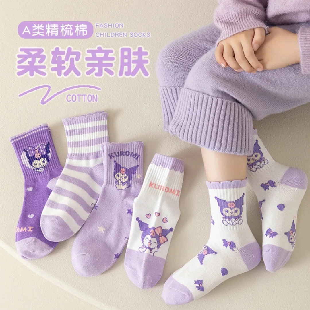 

5 Pairs Sanrio Kuromi Kids Socks Kawaii New Fall Winter Cartoon Girl Children Mid-calf Socks Cotton Sock for 1-12 Years Gift