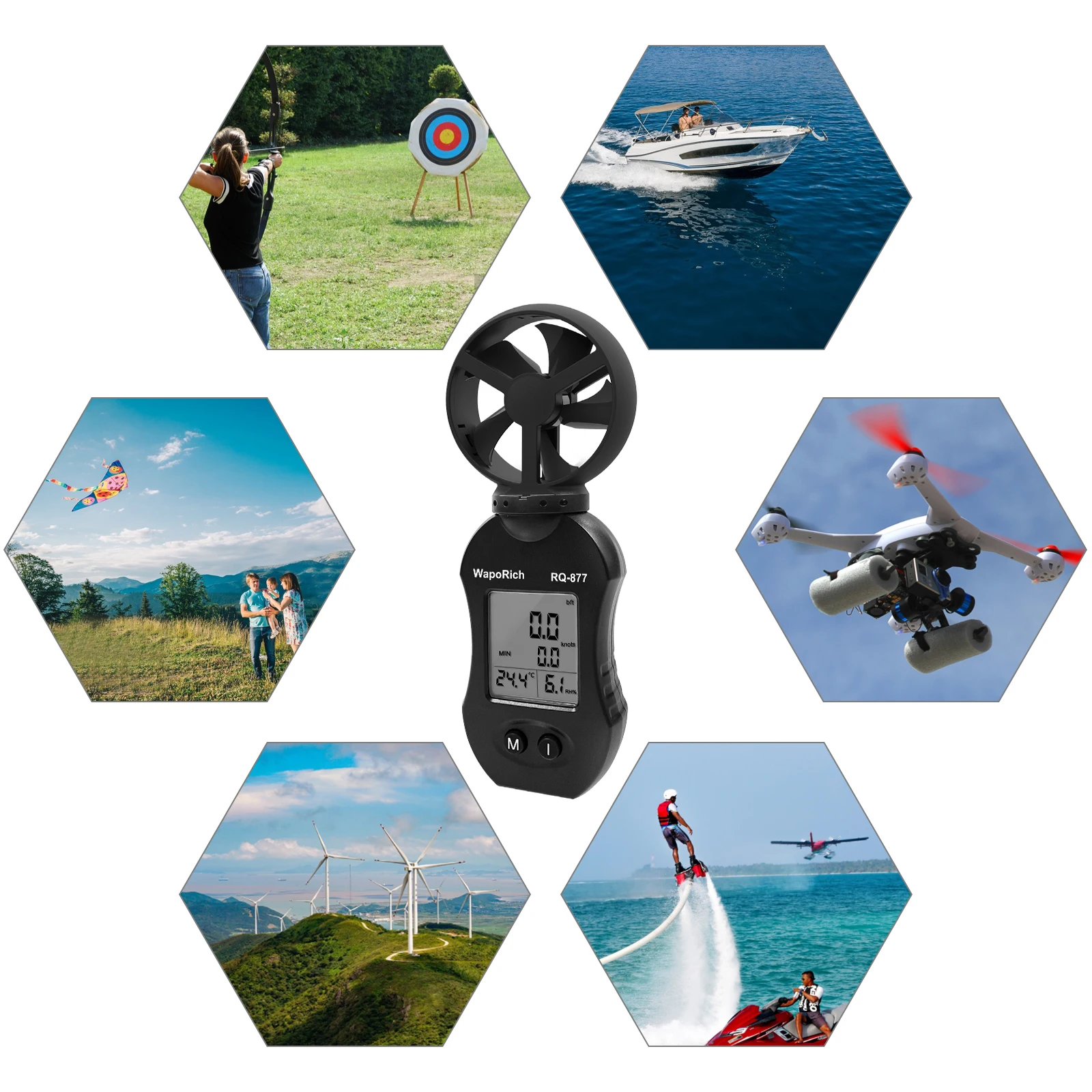 Holdpeak 877 Mini Anemometer Wind Speed Meter 0.3-30m/s Temp Humidity MAX/MIN Tripod Mount Pocket-Sized