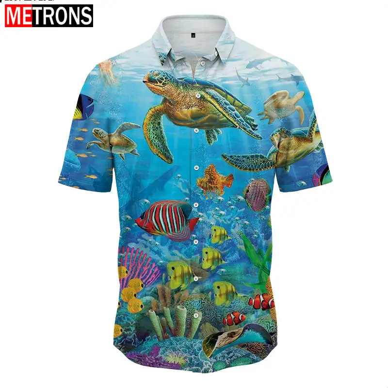 

2023 New Button Men's Shirt Ocean Underwater World Pattern Hawaiian Mock Neck Shirt 3D Printing Process Summer Short Sleeve