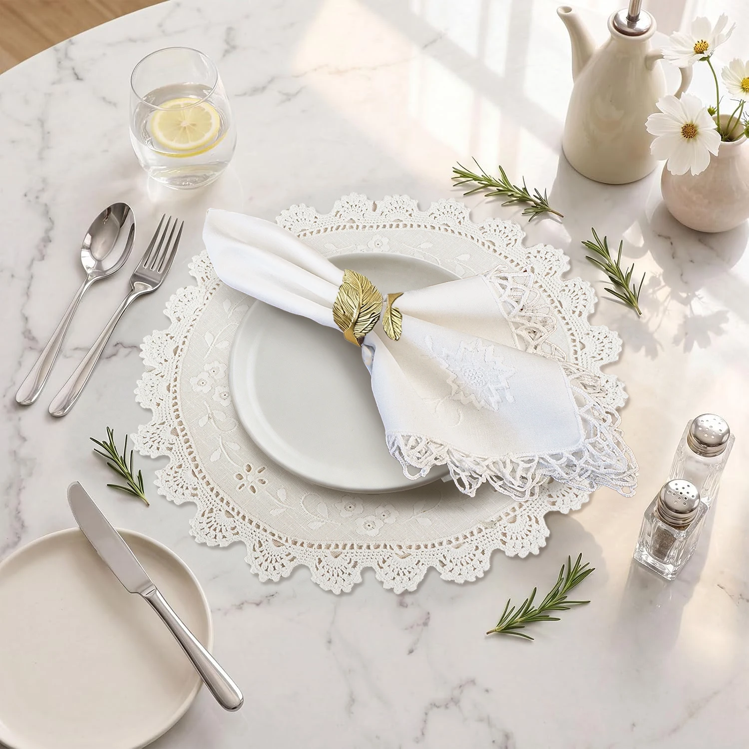 Vintage Leinen-Tischsets im 2er-Set, 100% Reines Leinen mit Handbestickten Blumenmuster - Rechteckige & Runde Tischmatten - Limitierte Handwerker-Edition – Detail 4