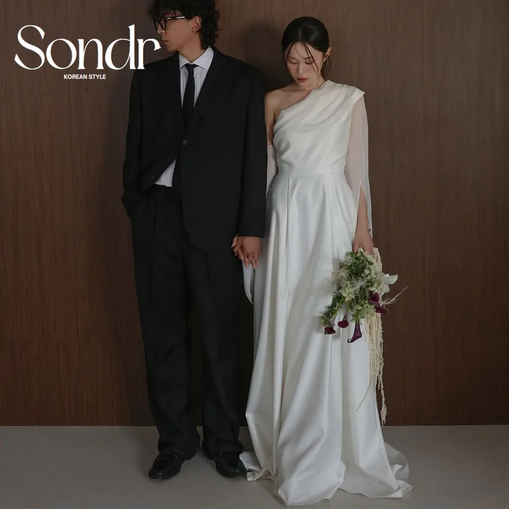 Sondr One Shoulder Korean Wedding Dresses Illusion Long Sleeves Bridal Gown Customized A Line Floor-Length Photo Shoot Gown