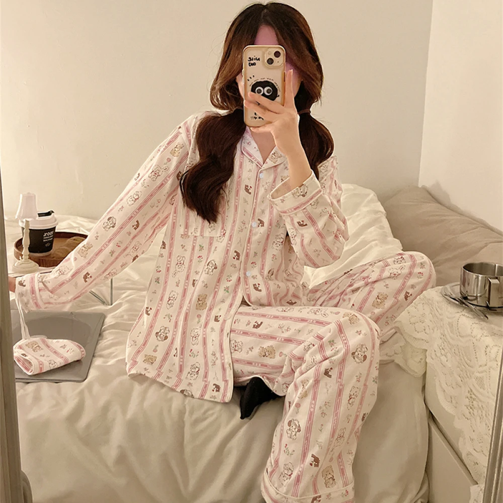 Sweet Cartoon Print Women\'s Pajama Sets Korean Fashion Cute Kawaii Graphic Sleepwear for Sleeping Spring Autumn Women\'s Pajamas