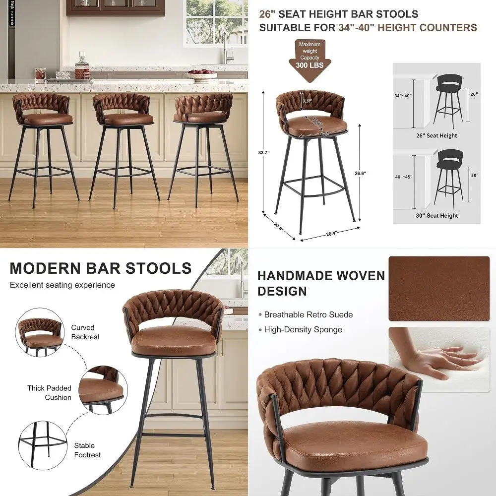 

26inch Bar Stools Set of 3, Modern Counter Height Bar Stools, 180 Swivel Suede Fabric Stool Chairs with Woven Back and Footrest