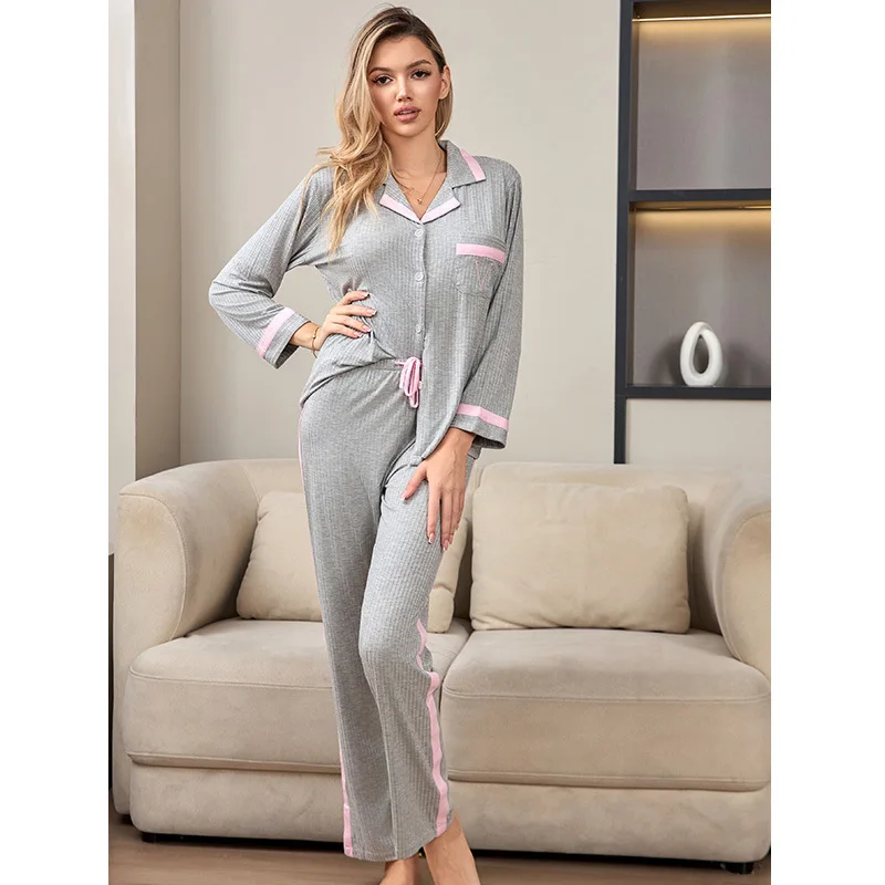 

Modal Strip Pajamas For Woman Cardigan Lapel Striped Homewear 2pcs Long-sleeved Trousers Set Home Clothes Sleepwear Nightwear