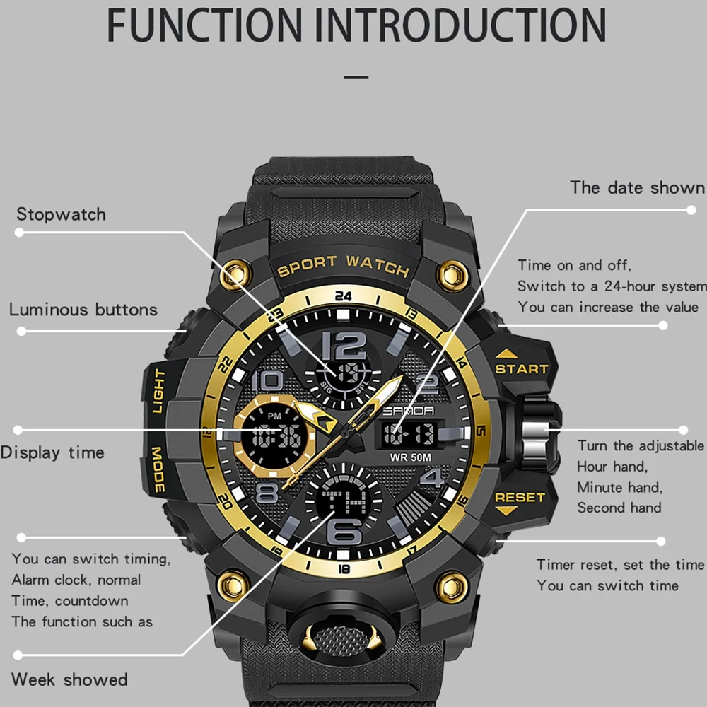 Sanda SD6021 عارضة طالب المدرسة الثانوية طالب الرياضة متعددة الوظائف للماء LED الساعات الإلكترونية للرجال