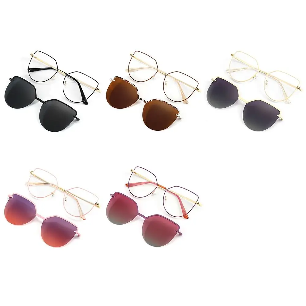 Women Metal Frame Clip On Sunglasses Anti-Blue Light Glasses Magnet Polarized Clip-On 3 In-1 Glasses with 1Pc Sunglasses Lenses