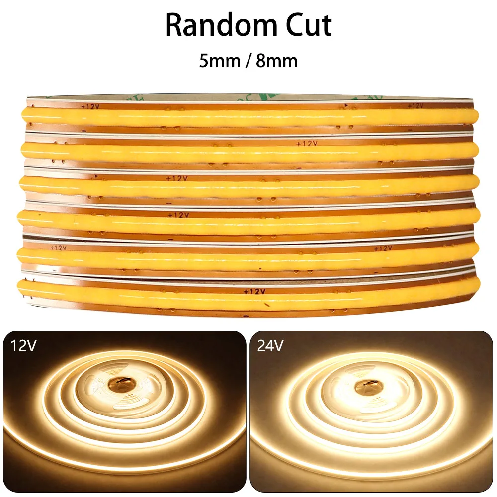 DC12V/24V Free Cut FCOB 400Leds/m High Density 5mm/8mm PCB Flexible Warm/Natural White LED Tape for DIY Lightbox Room Decor