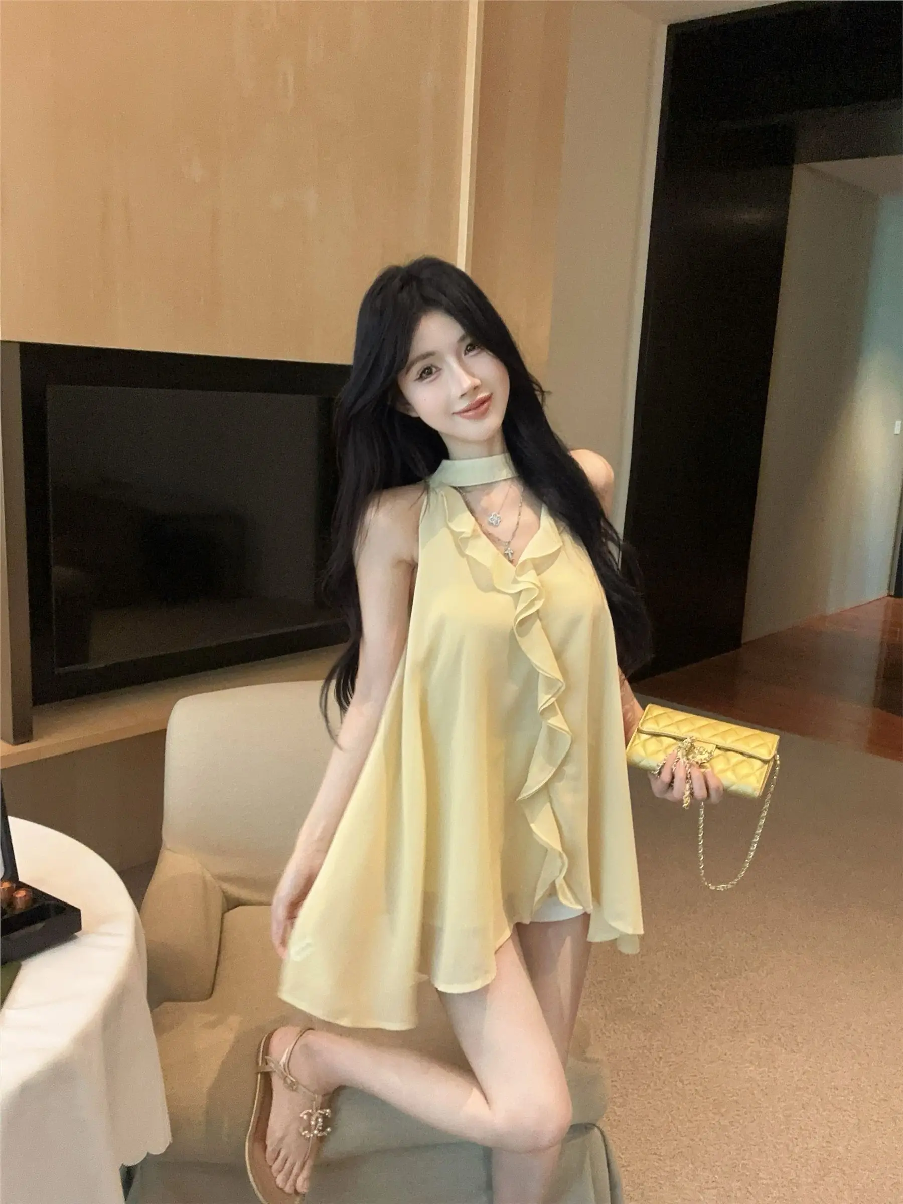 

New Summer Wear Yellow Top For Women'S French Ruffle Design V-Neck Scarf Streamer Chiffon Shirt