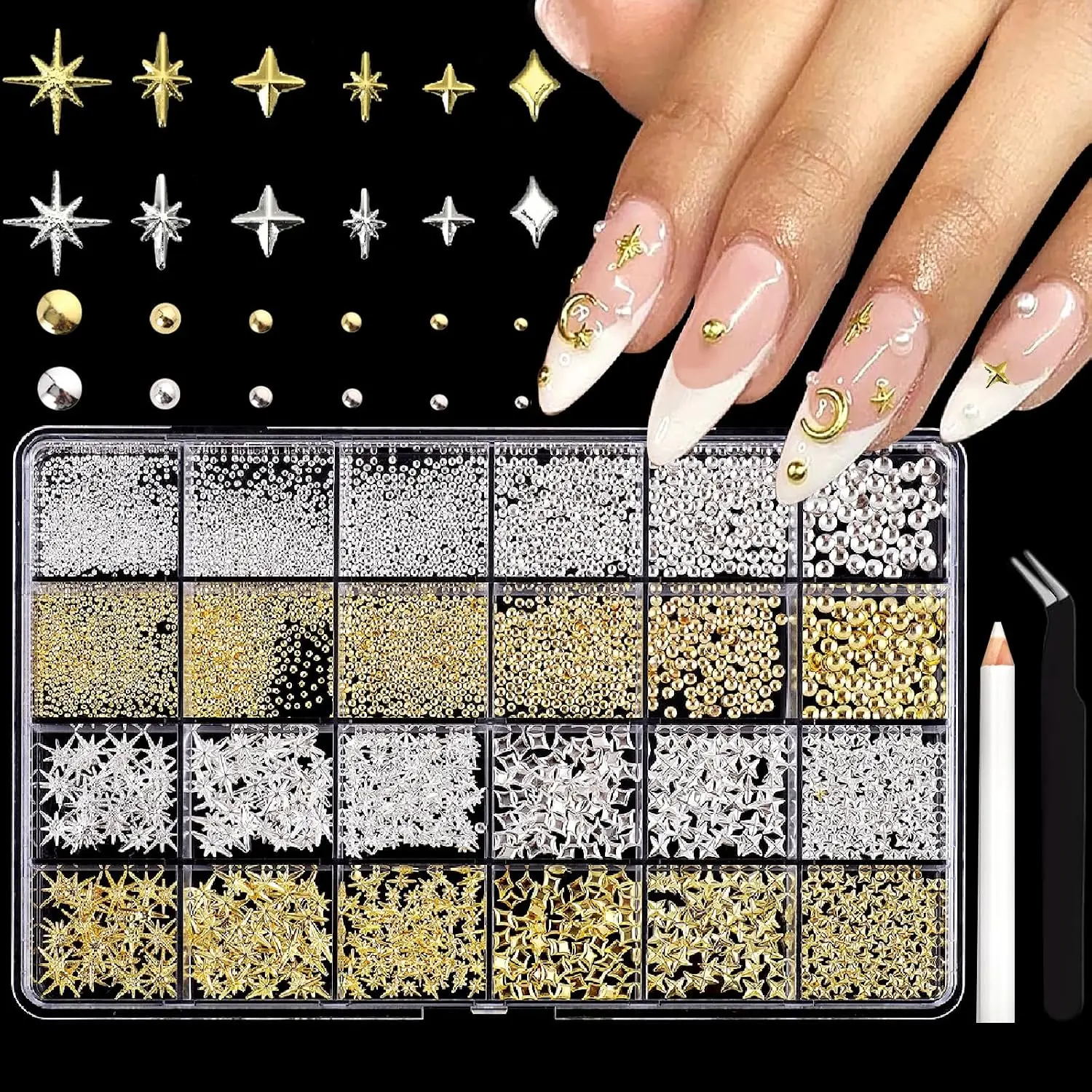 24 Grids Gold Silver Nail Art Charms Kit Metal Rivets Studs Stars Beans DIY Manicure Decoration With Tweezers Picker Pen