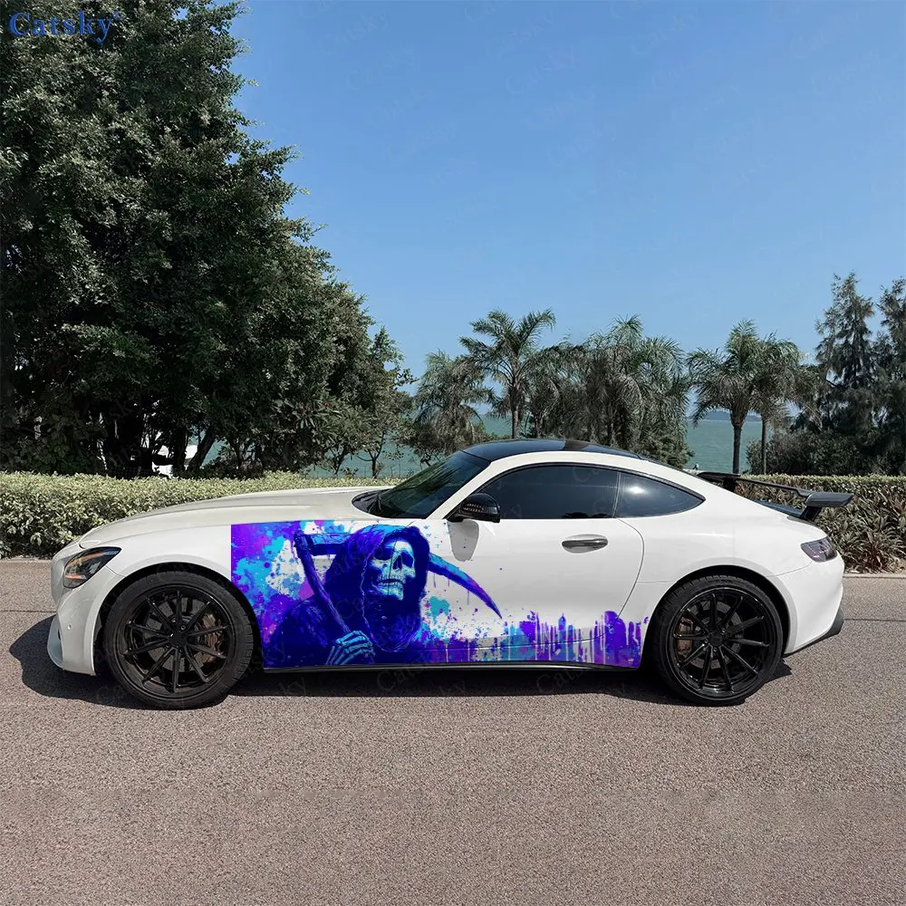 2pcs Purple & Blue Ink-Splatter Reaper Car Side Wraps, Self-Adhesive PVC Waterproof & Scratch-Resistant Stickers, Car Accessory