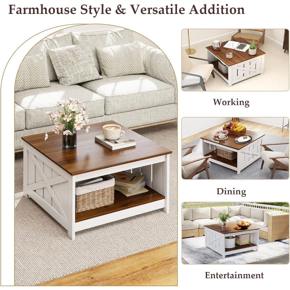 Farmhouse Coffee Table, 31 Inch Square Wood Coffee Table with Storage Shelf, 2-Tier Vintage Center Table with Open Compa