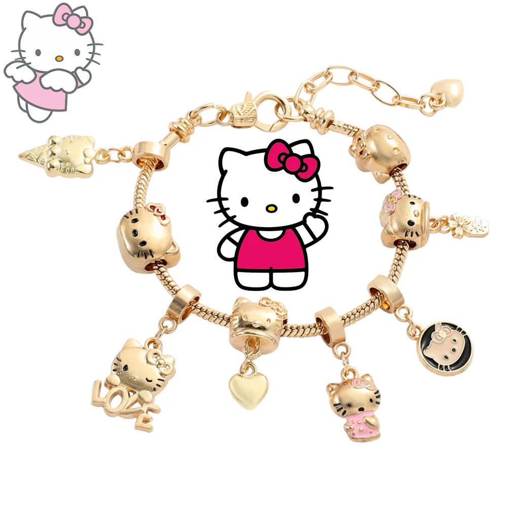 Anime Sanrio Kitty Cat Bracelet Cartoon Figure Kitty White Beads Pendant DIY Charm Bracelet Bangle Kawaii Jewelry Accessories