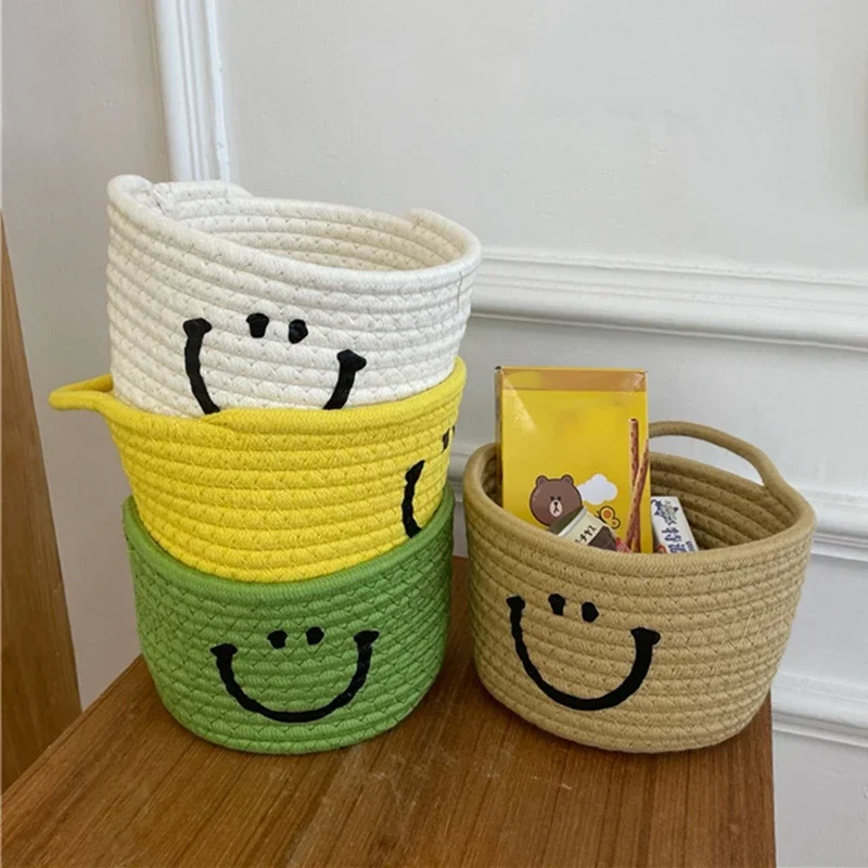 Handwoven Storage Basket Cute Cosmetic Storage Box Cotton Rope Hanging Baskets Desktop Sundries Organizer with Handle Home Decor