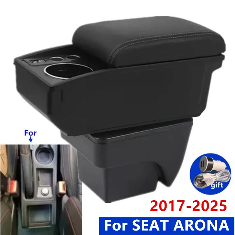 Für SEAT ARONA Armlehnenbox, doppelschichtige Aufbewahrungsbox, Getränkehalter, spezielle Nachrüstung, Innenraum, Autozubehör, einfach zu installieren