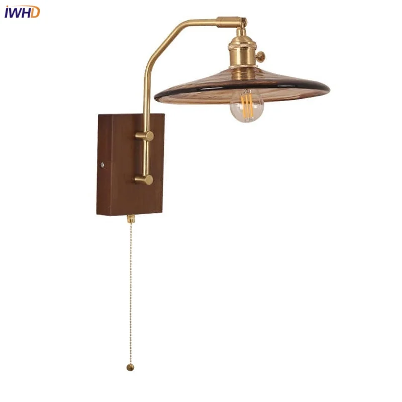 

IWHD Walnut Wood LED Wall Light Fixture Restaurant Coffee Dining Room Glass Pull Chain Switch Nordic Modern Bedroom Bedside Lamp