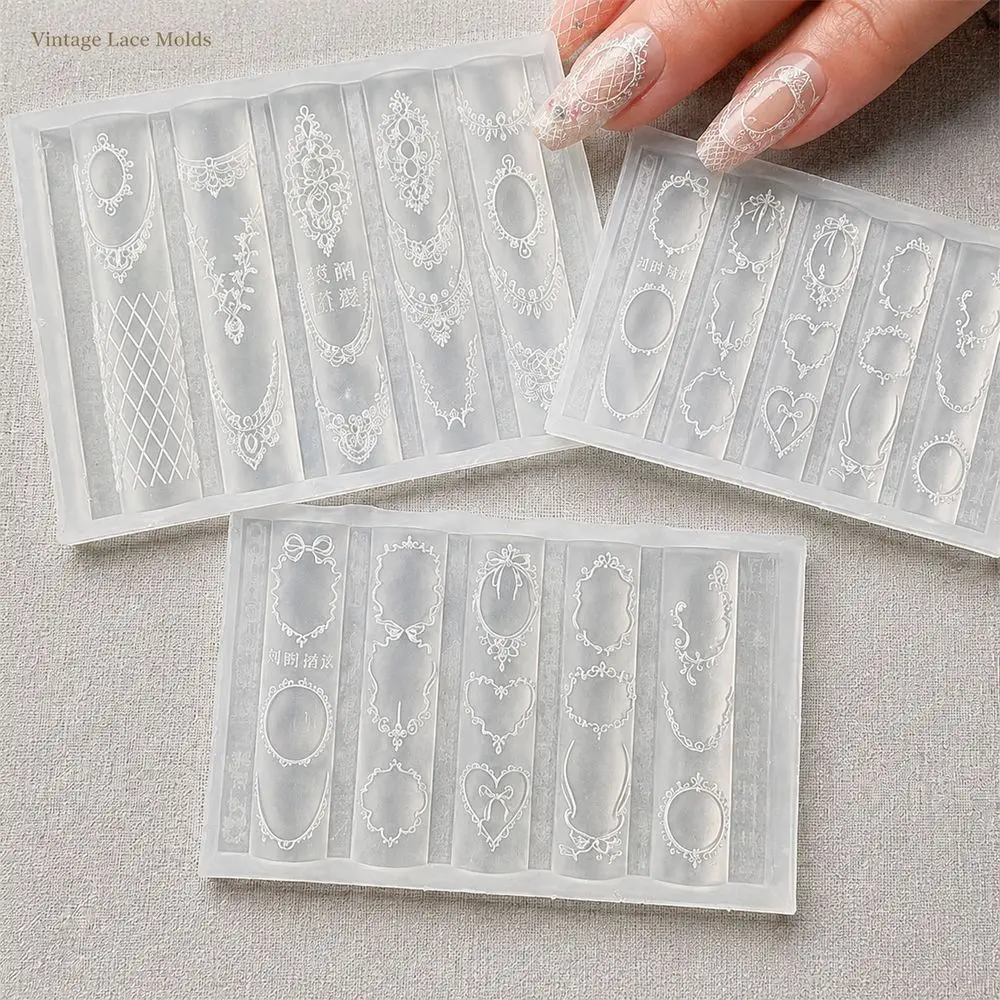 1Pc Silicone Manicure Mold Vintage Hook‑Needle Lace Embossed Bow‑Heart Frame Nail Art Mould For Fashion Nail Gel Design