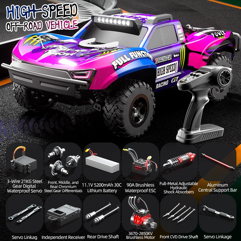 Hoge snelheid op afstand bestuurbare drift racewagen 85 km/u 1:10, 2.4G 4WD, zijwiel van metaallegering, 4WD verlichting, RC vrachtwagen, speelgoedmodel
