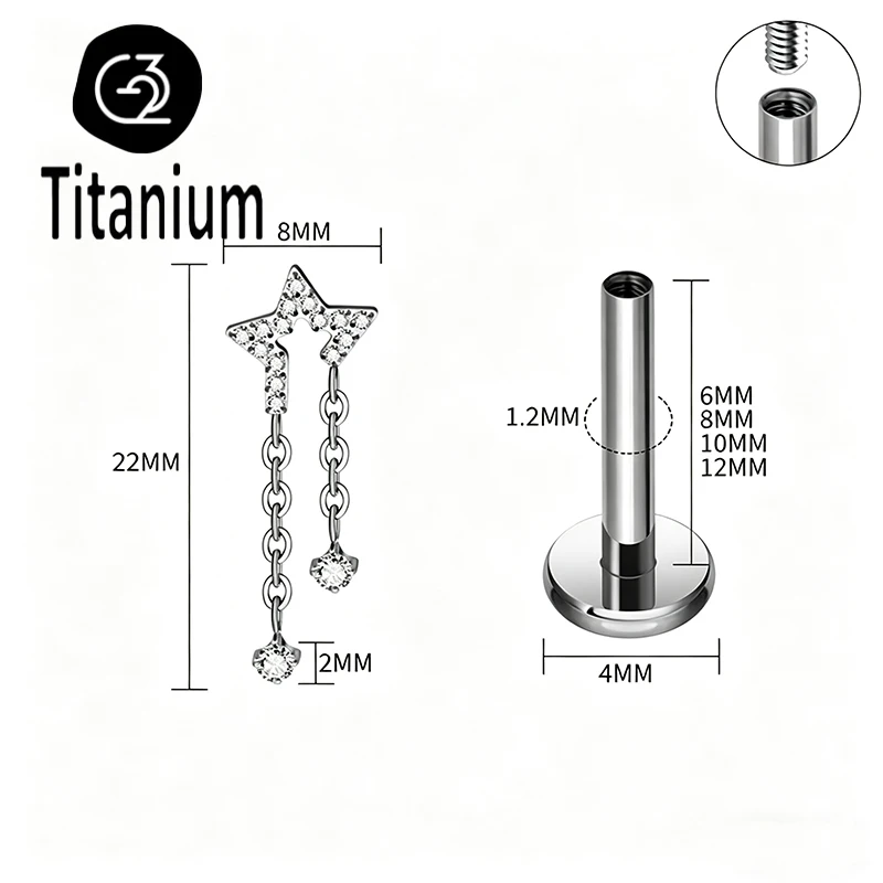 ASTM F136 Titanium Piercing Internal Thread Stud CZ Labret Earring Lip Ring Ear Cartilage Helix Lobe Piercing Women Body Jewelry