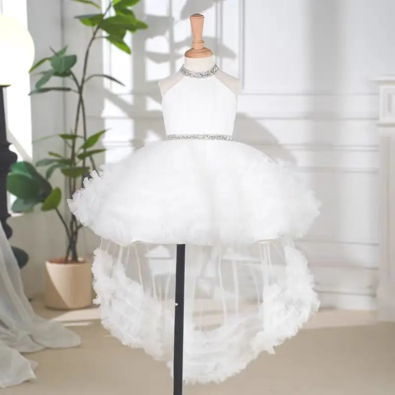Jill Wish J342 Elegant White Tulle Girl Dress with Train Baby Kids Princess Birthday Wedding Party Children Holiday Ball Gown