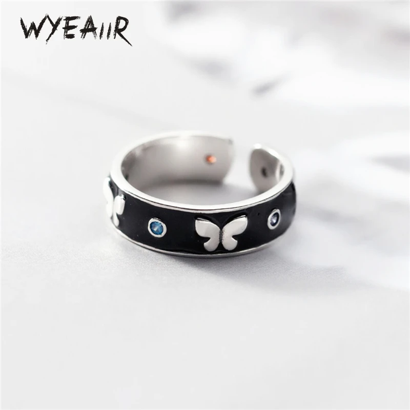 WYEAIIR 925 Sterling Silver nero smaltato zircone farfalla dolce adorabile anello di apertura ridimensionabile per gioielli di lusso da donna