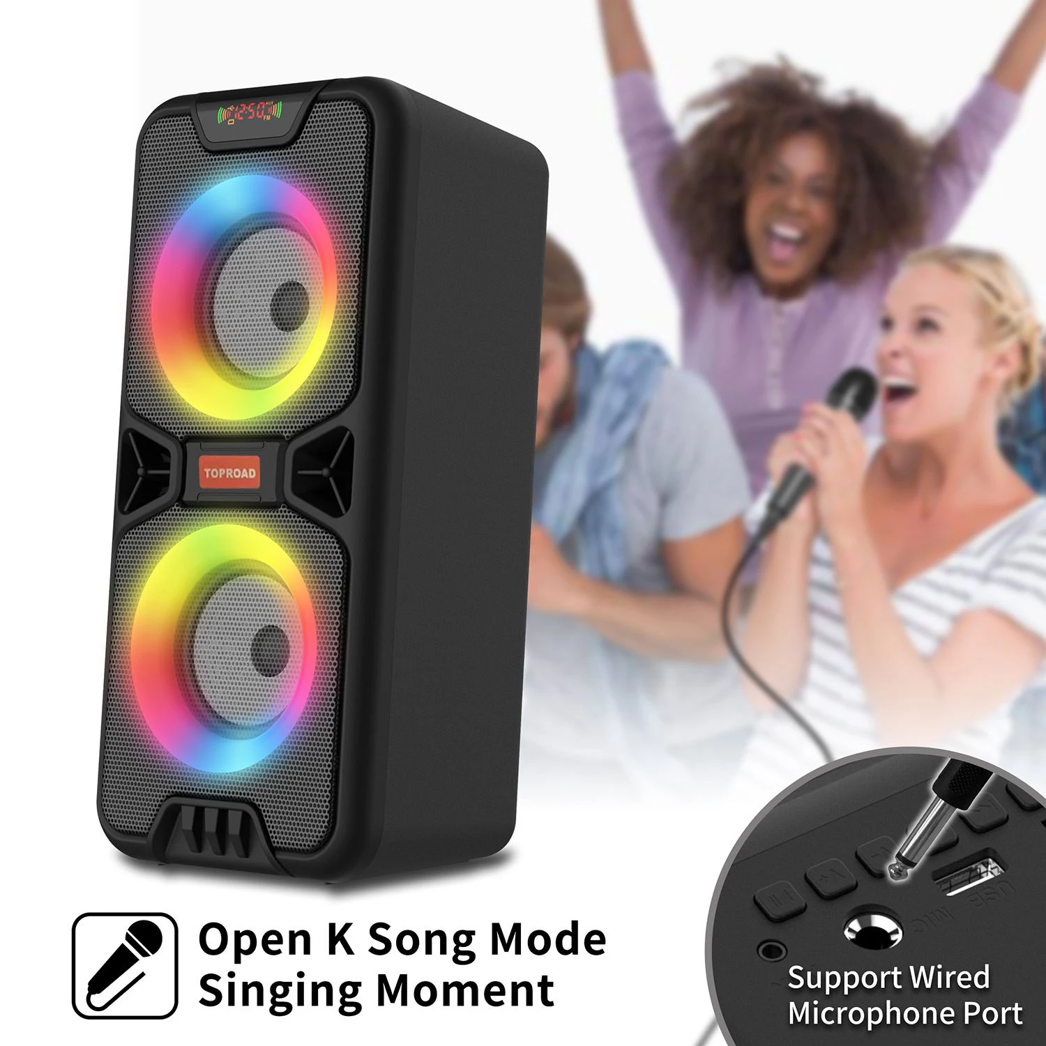 TOPROAD Altavoz Bluetooth 20W gran potencia portátil inalámbrico al aire libre estéreo bajo Boombox columna soporte FM Radio RGB luces LED