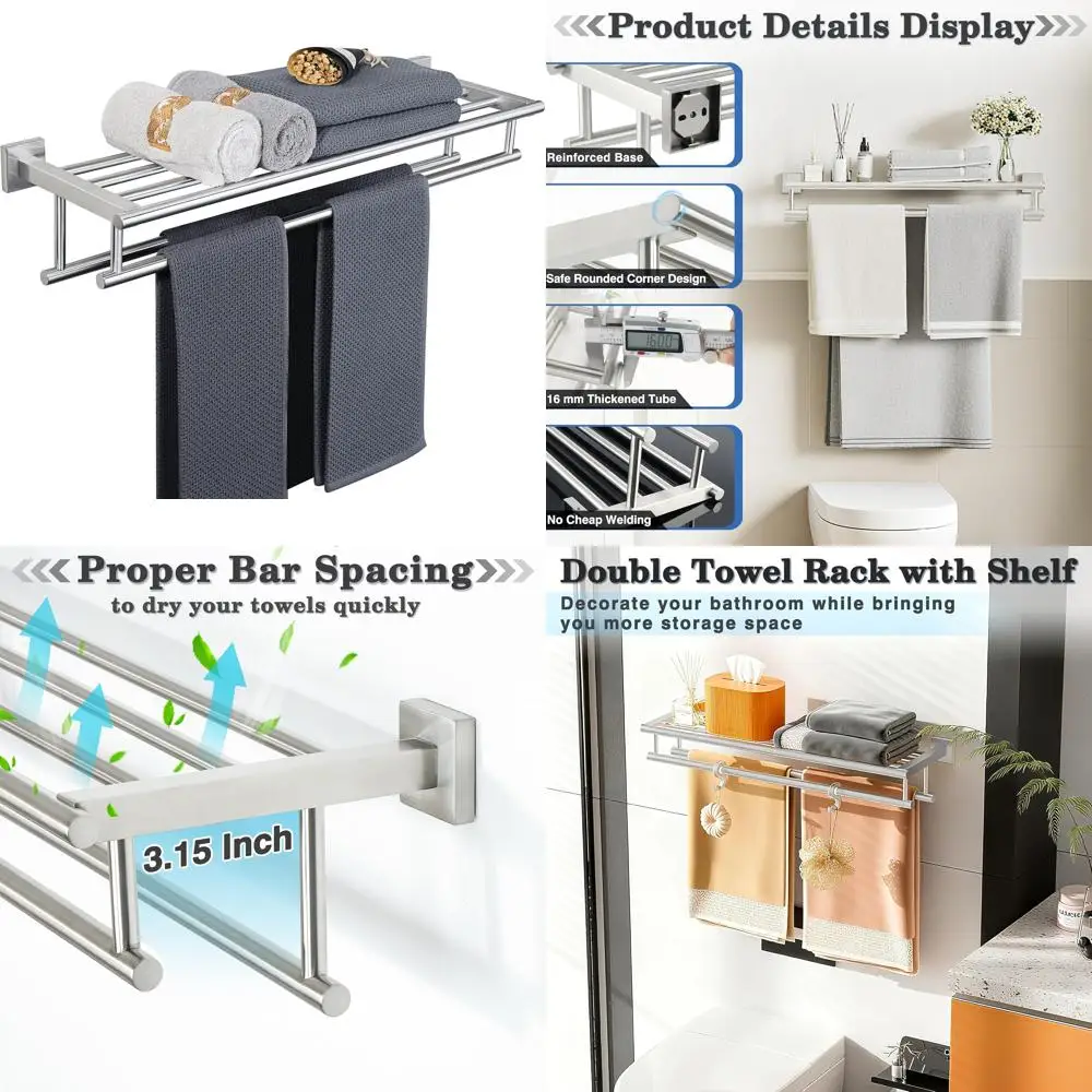 

Stainless Steel Wall Mount Double Bar Towel Rack for Bathroom, Lavatory Towel Holder with Towel Shelf, Durable SUS 304 Material