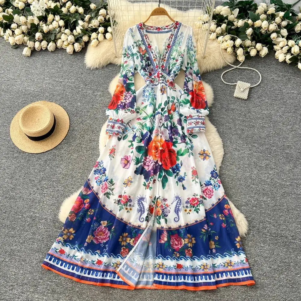 

Chic vintage long sleeve V-neck split print Evening Party dress Women High Street ceremony dresses