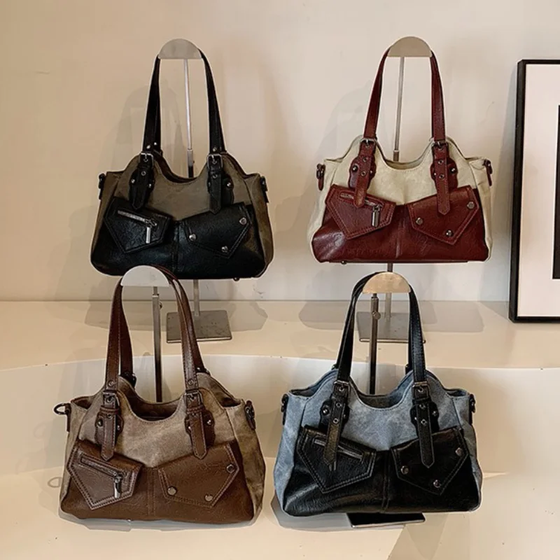 

Multi-pocket Contrast Color Brand Shoulder Bag For Women Fashion Versatile Retro Simple Luxury Niche Designer Tote Bag Handbag