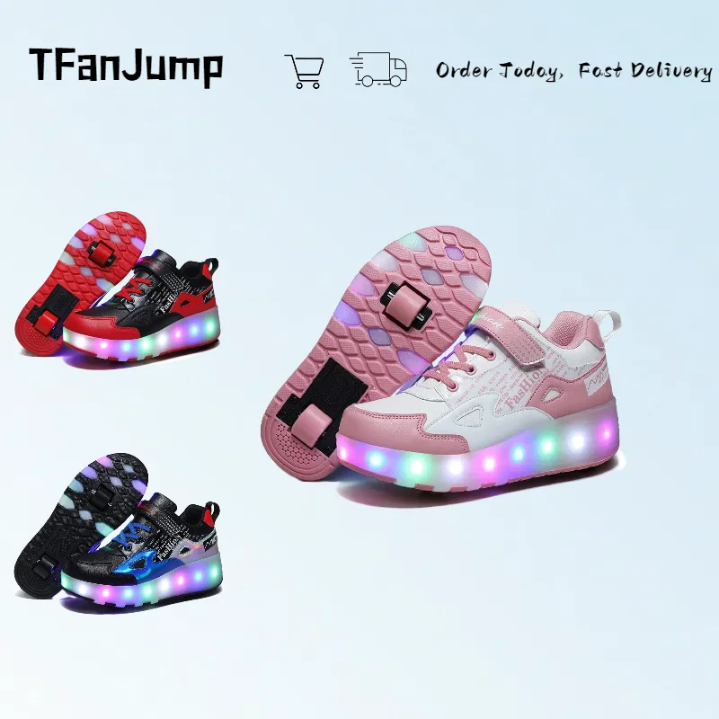 Double Row 4 Wheels Parkour Sport Roller Shoes Children’s LED Luminous Glowing Sneakers Unisex Adult Deformation Skating Shoes