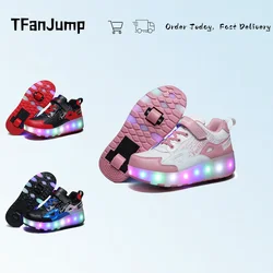 Double Row 4 Wheels Parkour Sport Roller Shoes Children’s LED Luminous Glowing Sneakers  Unisex Adult Deformation Skating Shoes