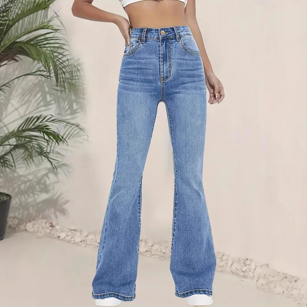 Women High Waisted Slim‑Fit Stretch Bootcut Long Trousers For Spring Autumn Casual Daily Street Commuter Wear Denim Jeans