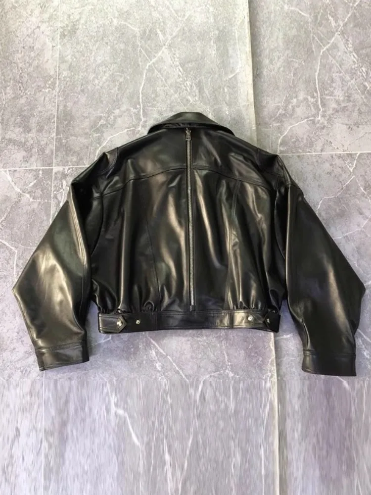 여성용 새 배트윙 슬리브 정품 가죽 짧은 재킷 진짜 양피 턴 다운 칼라 캐주얼 루즈 피트 지퍼 코트 봄 가을