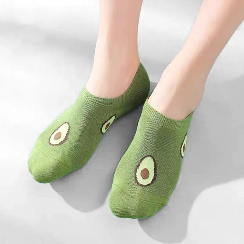 5 Pairs Avocado Crew Ankle Socks Cartoon Fresh Fashion Breathable Summer And Autumn Kawaii Comforts Women's Low Cut Boat Socks