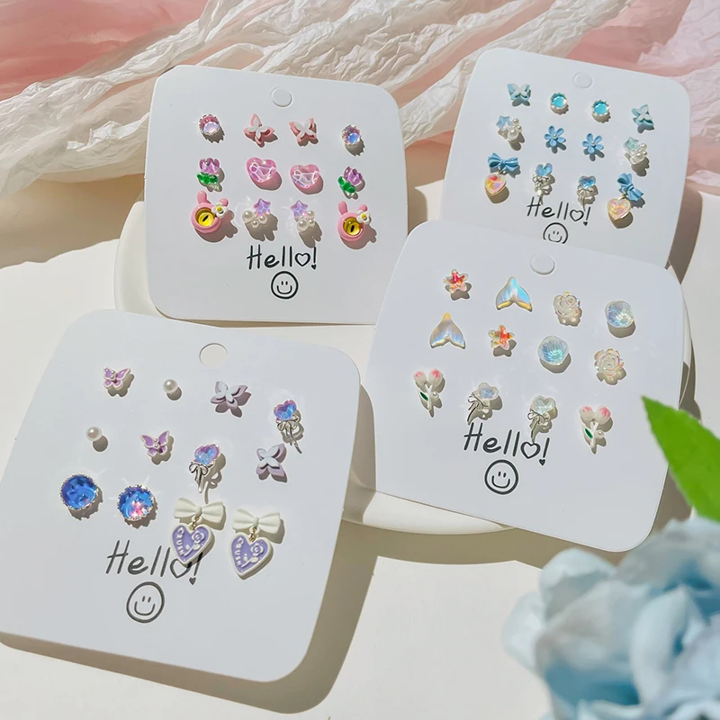 Autumn New Colorful High-end Earrings Set, Fresh And Cute CartoonShiny Heart Stone Butterfly Shape Versatile Girl Earrings