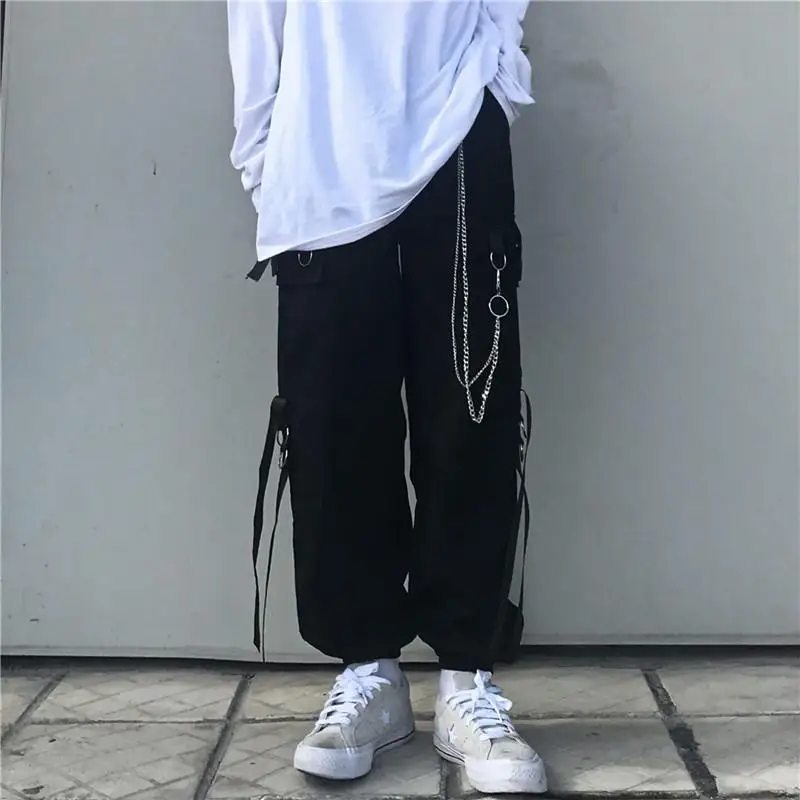 Set Celana Techwear Punk Pria 3 Potong Pakaian Celana Kargo Hitam Kemeja Lengan Panjang Streetwear Korea Hip Hop Musim Semi