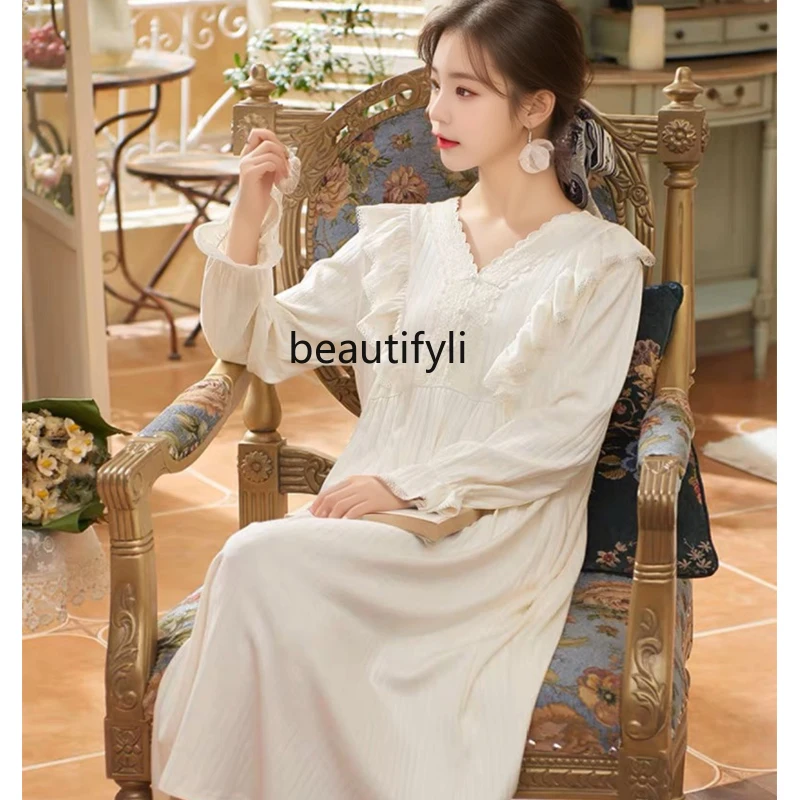 Court Style White Night Skirt Women's Cotton Loose Spring and Autumn French Romantic Princess Style Home Wear Dress