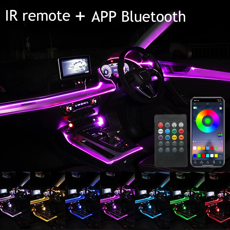 Car LED EL Neon Wire Strip Light RGB Multiple Modes App Sound Control Auto Interior Decorative Ambient Neon Lamp