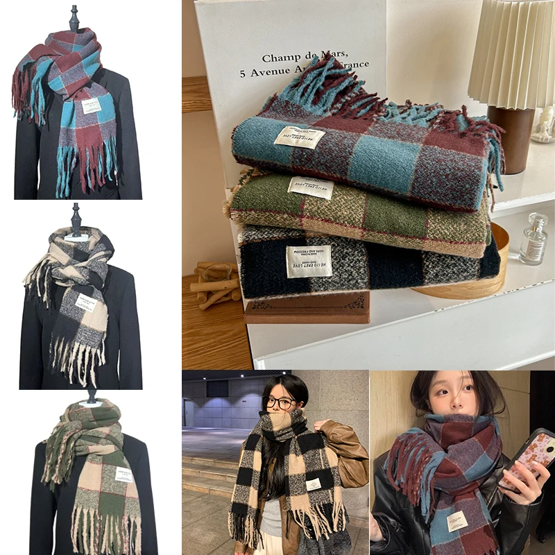 

Vintage Plaid Scarf Autumn Winter Warm Scarf Women Shawl Wraps Neckerchief Long Tassels Soft Shawls Scarves Festival Gifts