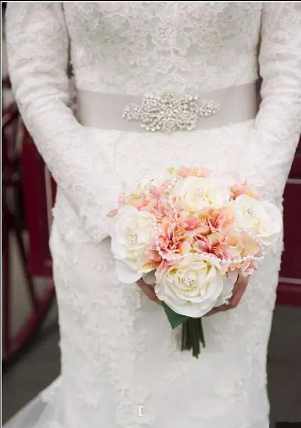 ที่กําหนดเองมุสลิมชุดเดรสเมอร์เมดพร้อมเข็มขัดลูกปัด Vestidos De Novias แอฟริกัน PLUS ขนาดแขนยาว Garden ชุดเจ้าสาว